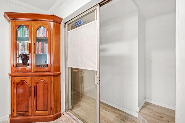 bathroom with wood-type flooring and ornamental molding