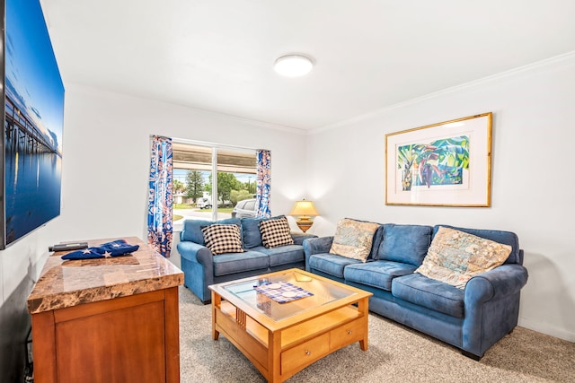 living room featuring light carpet and crown molding