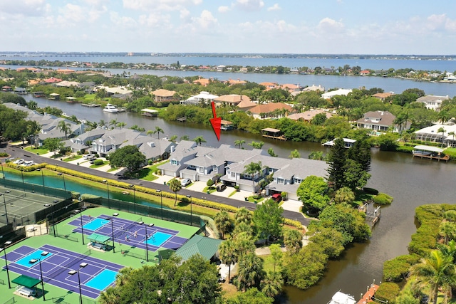 bird's eye view with a water view