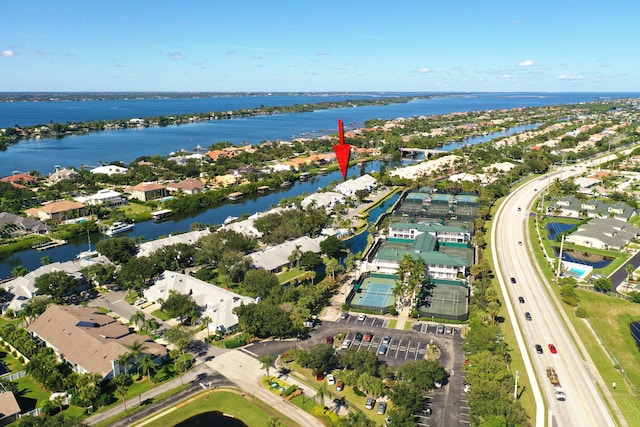 aerial view featuring a water view