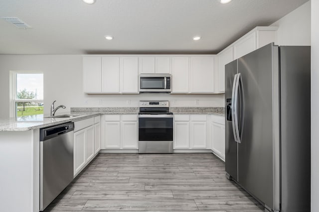 kitchen featuring light stone countertops, sink, stainless steel appliances, kitchen peninsula, and white cabinets