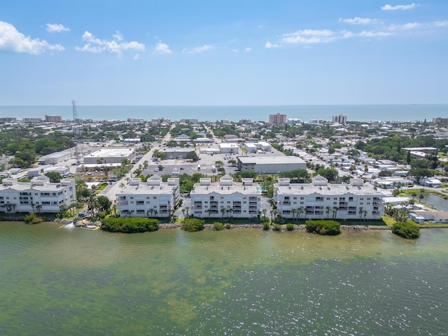 bird's eye view with a water view