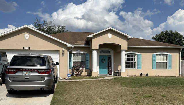 ranch-style house featuring an attached garage, roof with shingles, a front lawn, and stucco siding