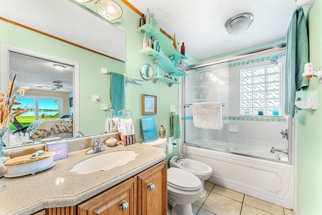 full bathroom with a bidet, plenty of natural light, tile patterned floors, and bath / shower combo with glass door