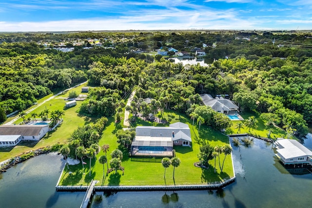 aerial view featuring a water view