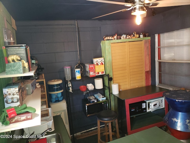 storage area featuring ceiling fan