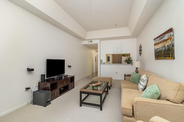 carpeted living room with a textured ceiling and a tray ceiling