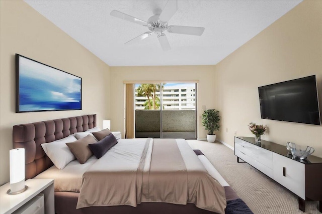 carpeted bedroom with access to exterior and ceiling fan