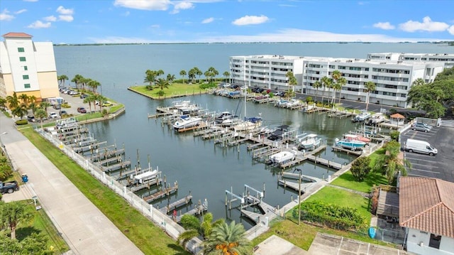 drone / aerial view with a water view