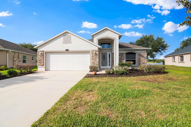 ranch-style home with a front lawn and a garage