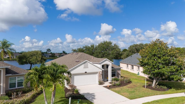 view of front facade featuring a front yard, a water view, and a garage