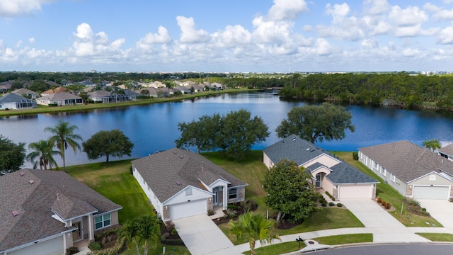 bird's eye view with a water view