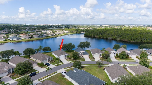 drone / aerial view featuring a water view