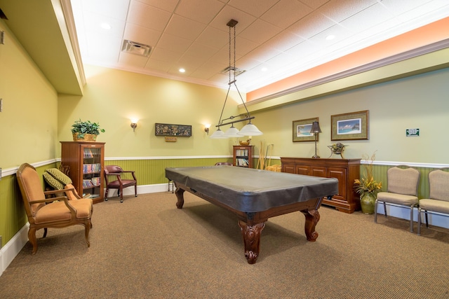 rec room featuring carpet, crown molding, and pool table