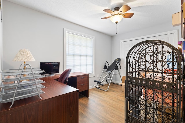 office featuring ceiling fan, wood-type flooring, and a textured ceiling