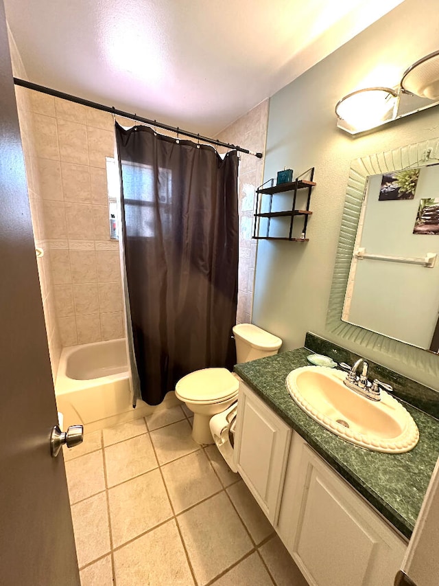 full bathroom with vanity, toilet, shower / bath combination with curtain, and tile patterned flooring