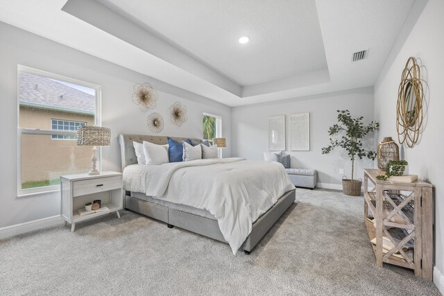 carpeted bedroom featuring a tray ceiling and multiple windows