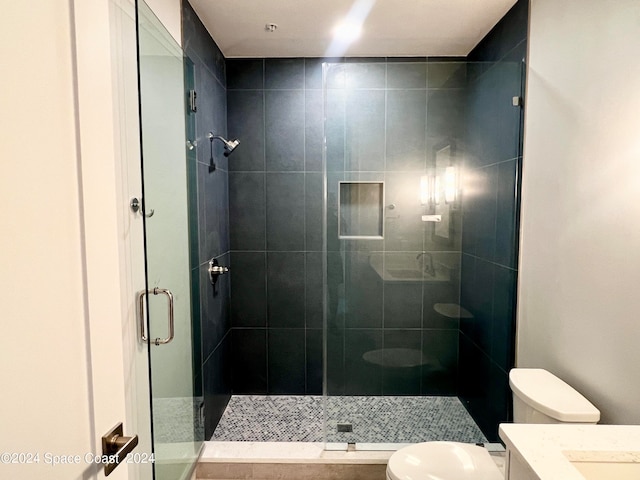 bathroom featuring vanity, an enclosed shower, and toilet