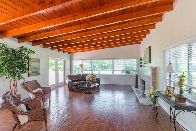 living room featuring plenty of natural light, wooden ceiling, dark wood-type flooring, and french doors