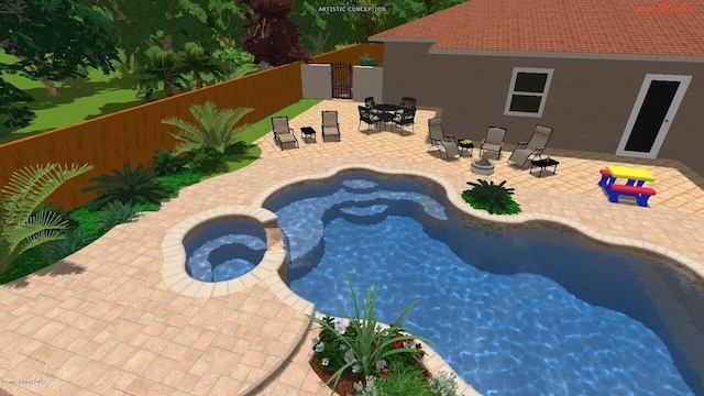 view of swimming pool featuring an in ground hot tub and a patio