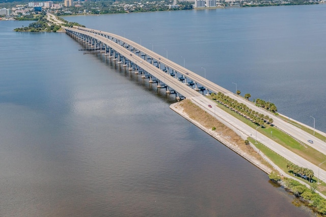 drone / aerial view featuring a water view