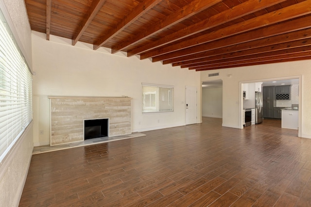 unfurnished living room with beam ceiling, a healthy amount of sunlight, a fireplace, and wooden ceiling