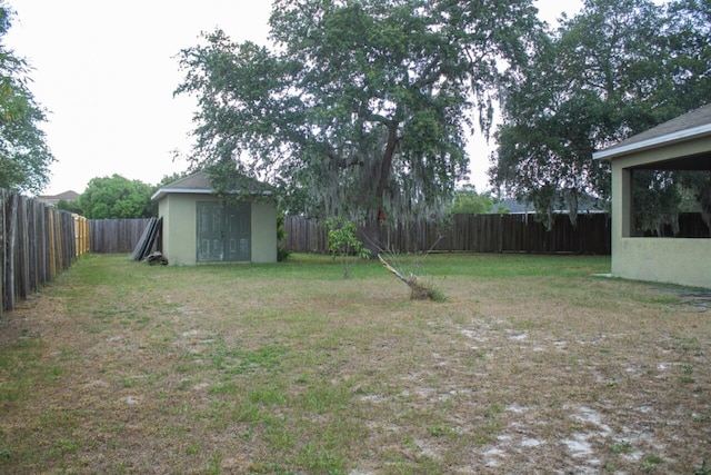 view of yard featuring a storage shed