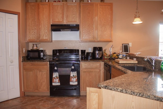 kitchen with pendant lighting, range hood, sink, black appliances, and dark tile patterned floors