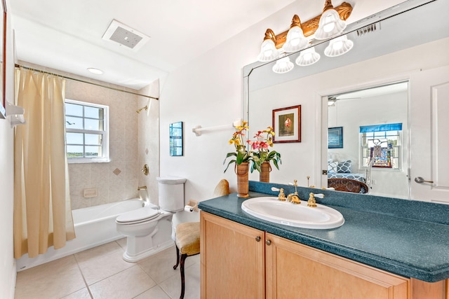 full bathroom with tile patterned flooring, vanity, toilet, and shower / bathtub combination with curtain