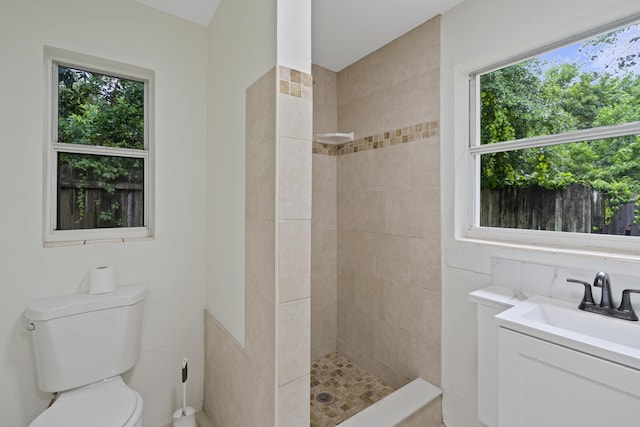 bathroom with a tile shower, vanity, and toilet