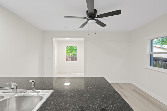 interior space featuring wood-type flooring, ceiling fan, and sink