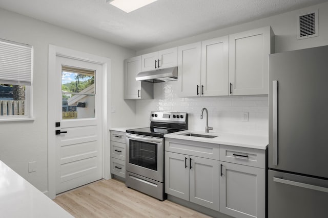 kitchen featuring sink, light hardwood / wood-style flooring, a textured ceiling, appliances with stainless steel finishes, and tasteful backsplash