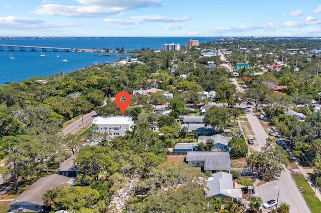 drone / aerial view with a water view