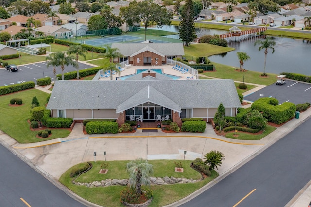 drone / aerial view featuring a water view