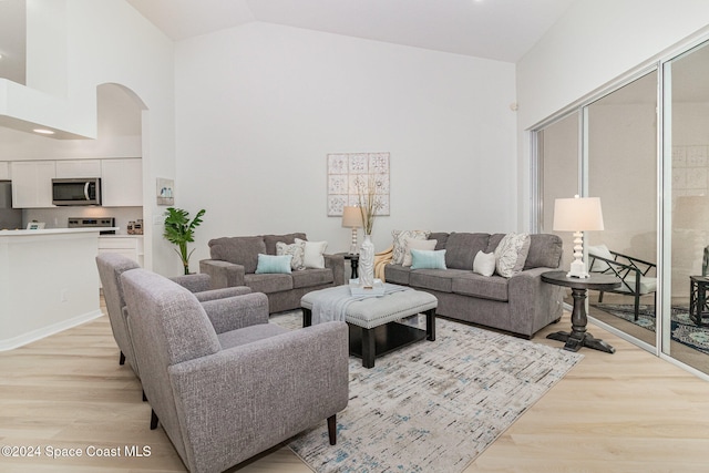 living room with light hardwood / wood-style floors and high vaulted ceiling