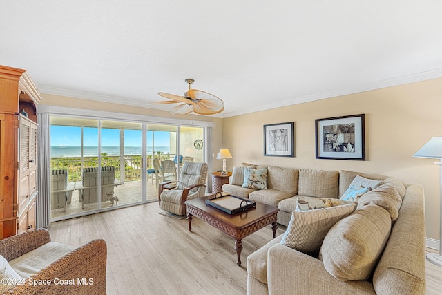 living room with light hardwood / wood-style floors, ceiling fan, and ornamental molding