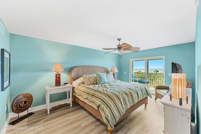 bedroom with access to outside, ceiling fan, and light hardwood / wood-style floors