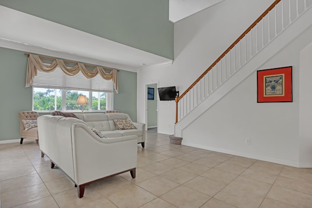 living room featuring light tile patterned flooring