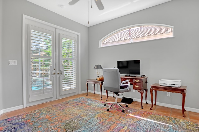 tiled office with french doors and ceiling fan