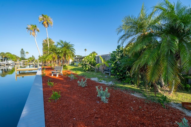 view of community with a dock and a water view