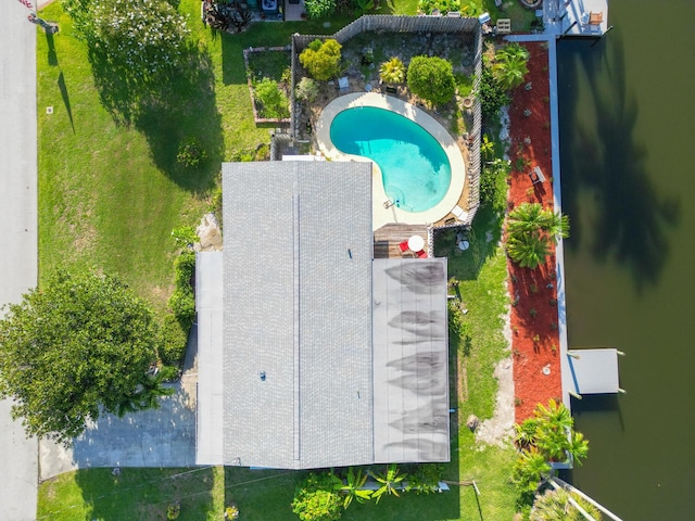 drone / aerial view with a water view