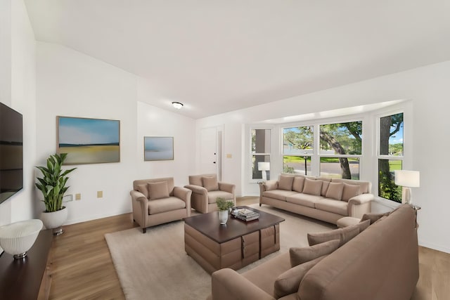 living room featuring lofted ceiling and light wood-type flooring