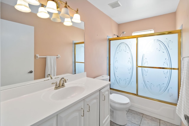 full bathroom with a chandelier, enclosed tub / shower combo, toilet, tile floors, and vanity