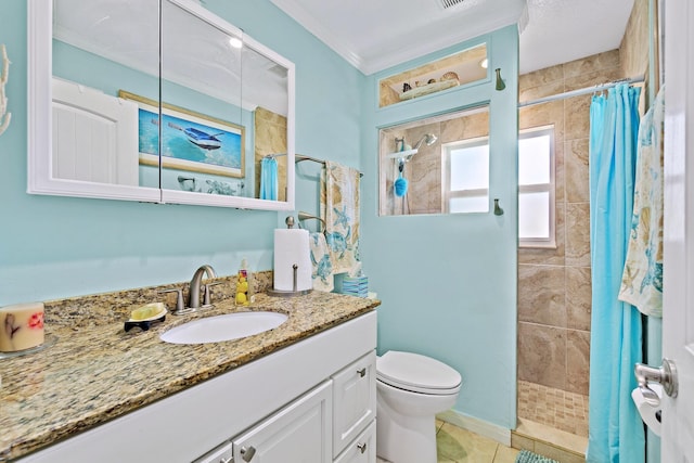 bathroom featuring toilet, crown molding, tile patterned flooring, a shower with shower curtain, and vanity