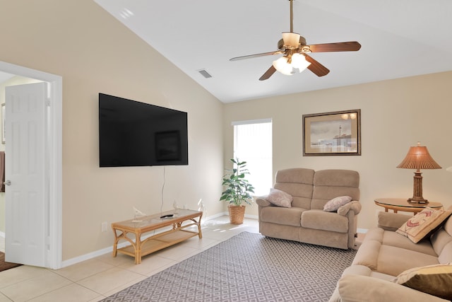 tiled living room featuring high vaulted ceiling and ceiling fan