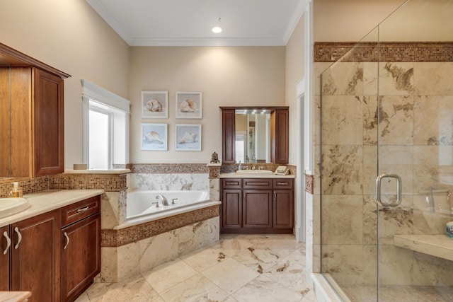 bathroom featuring tile flooring, vanity, crown molding, and plus walk in shower