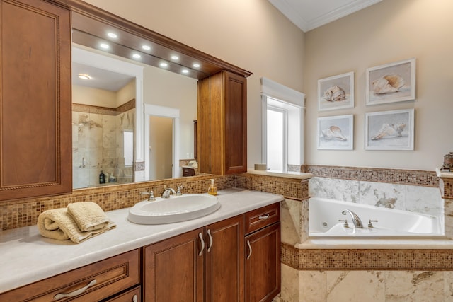 bathroom with a relaxing tiled bath and large vanity