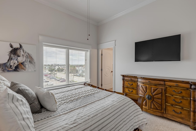 carpeted bedroom with crown molding