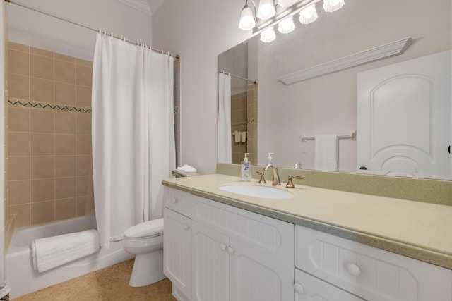 full bathroom with tile flooring, shower / tub combo, large vanity, and toilet