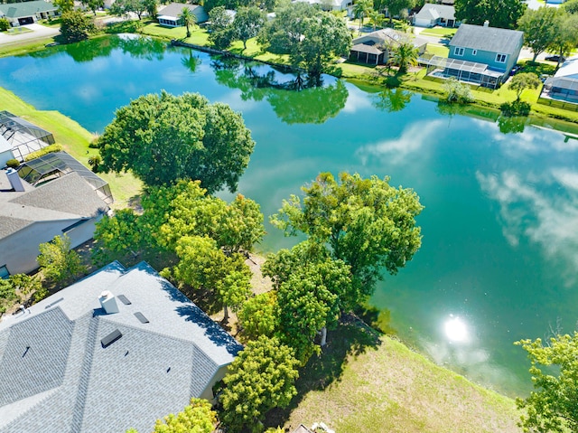 drone / aerial view featuring a water view